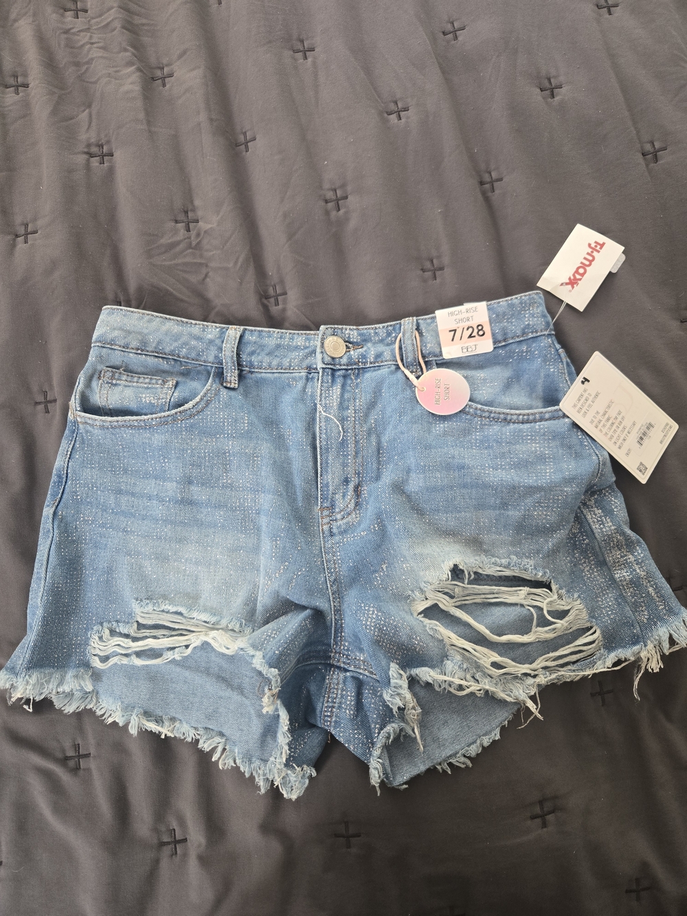 Distressed Light Blue Denim Jean Shorts with Frayed Hem